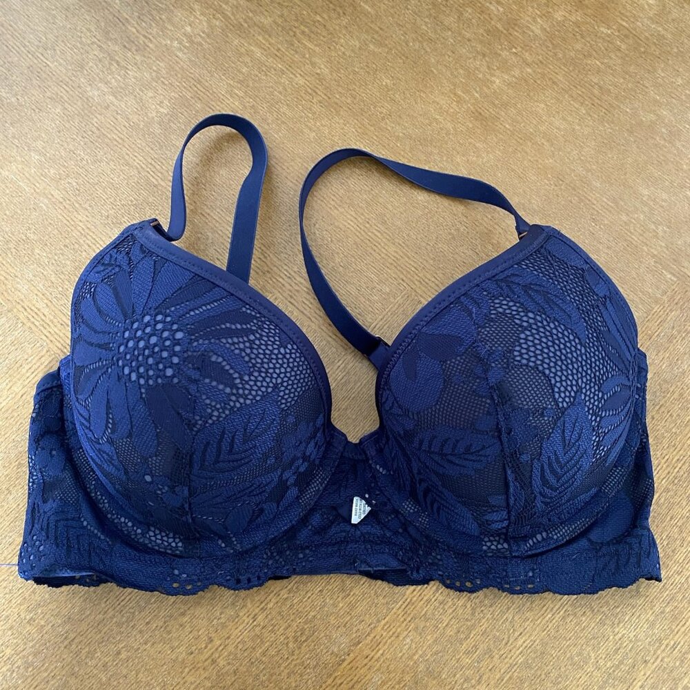 NEW Aerie Push-Up Bra Womens 34D  Demi Navy Blue Lace Floral